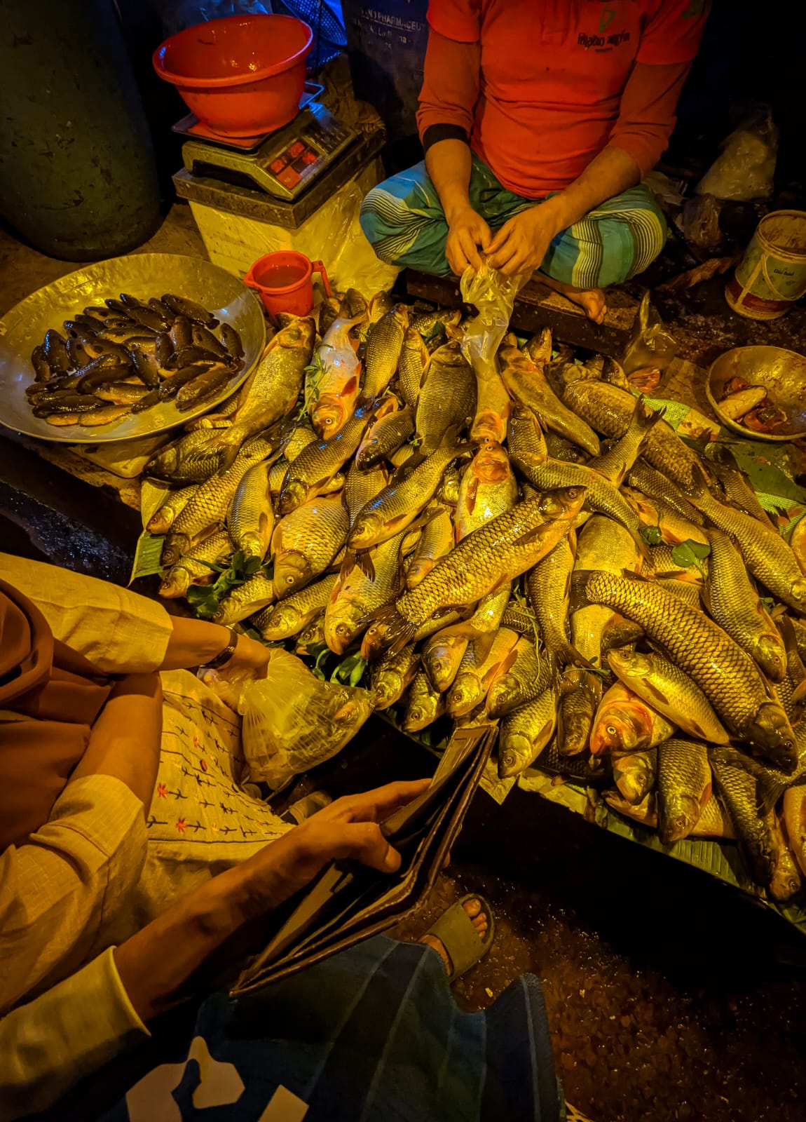 Overhead view of a fish market stall